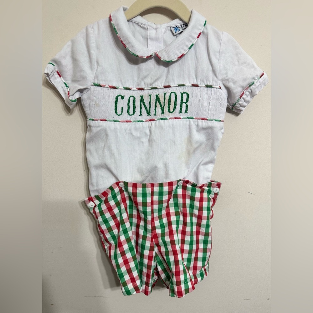 Smocked Round Collar Green & Red Gingham Shortall with Connor Monogram